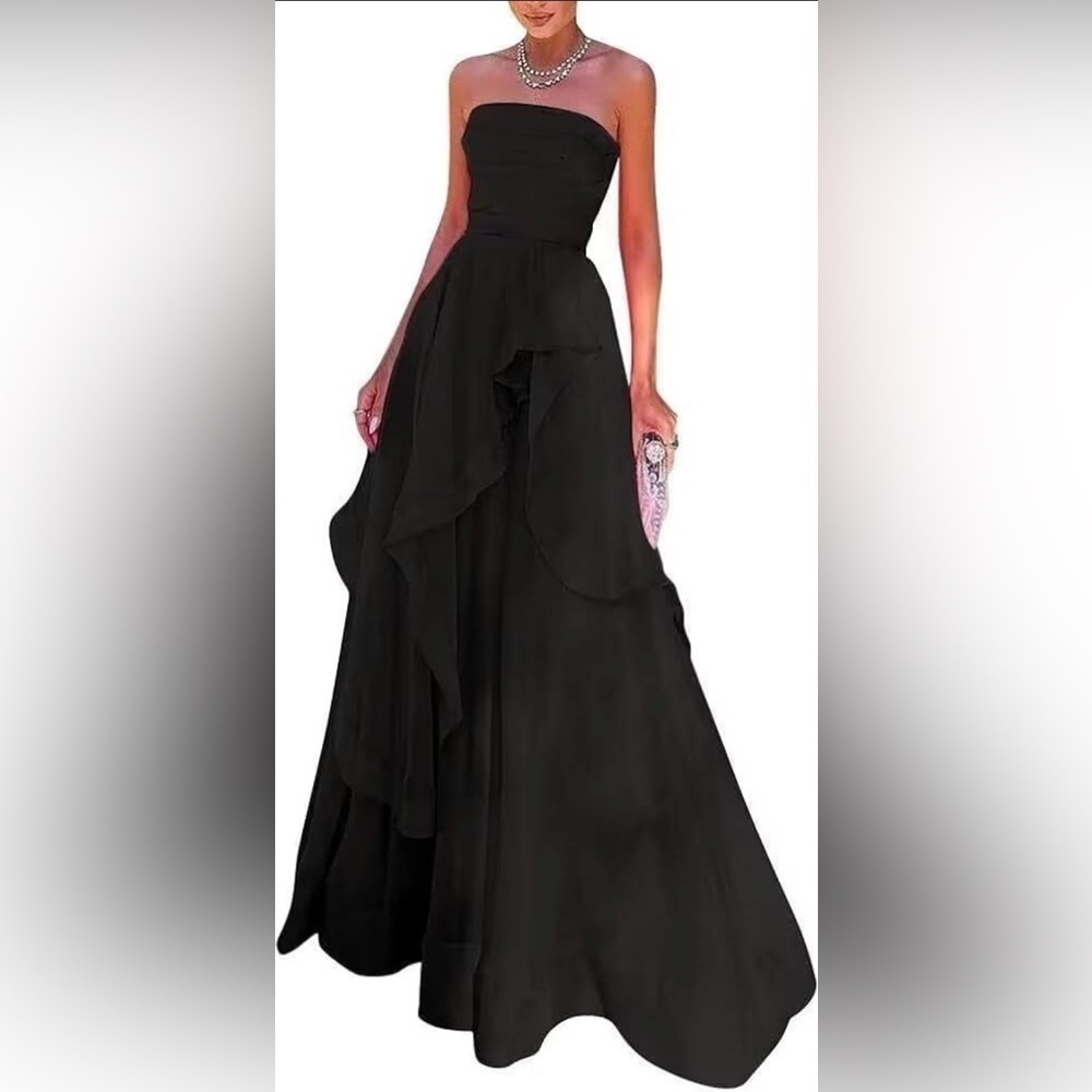 Black Ruffle Asymmetrical Hem Strapless Dress Sz See Measurements
